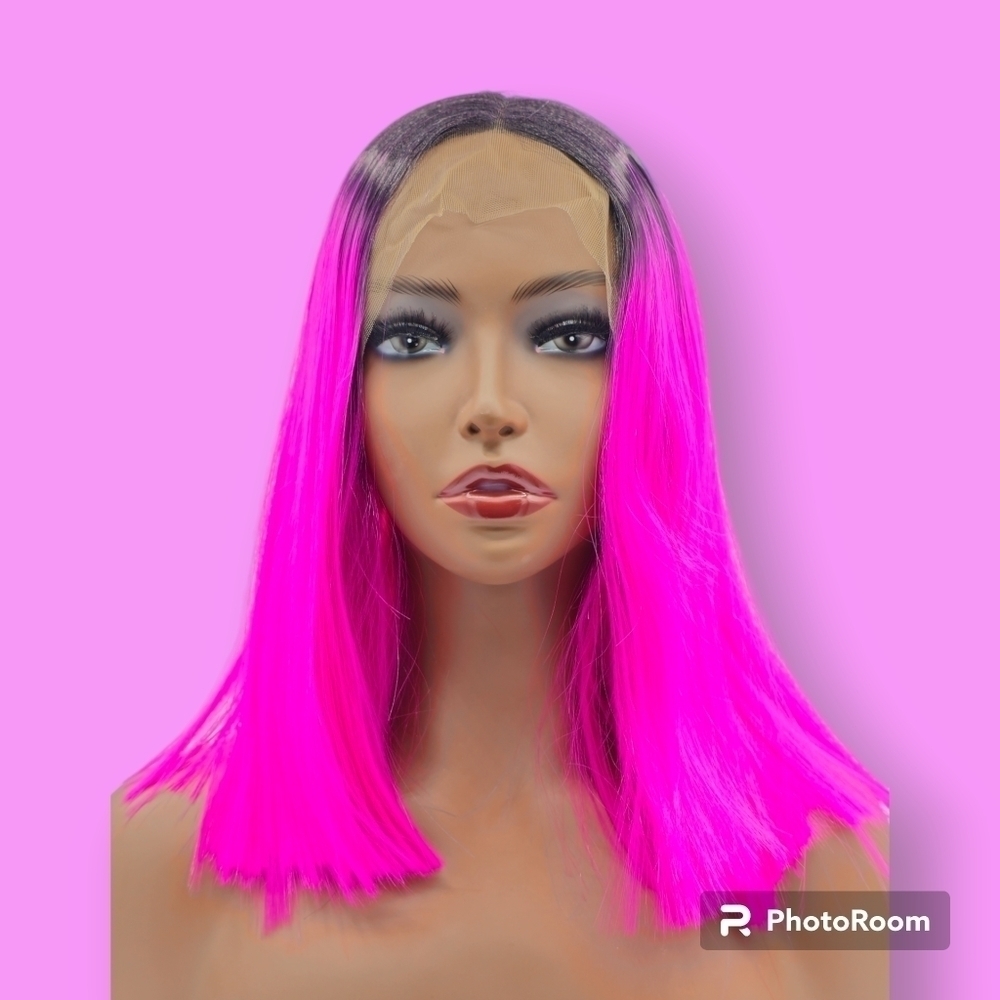 Hot Pink Fuchsia & Dark Root Blunt Straight Lace Front Wig